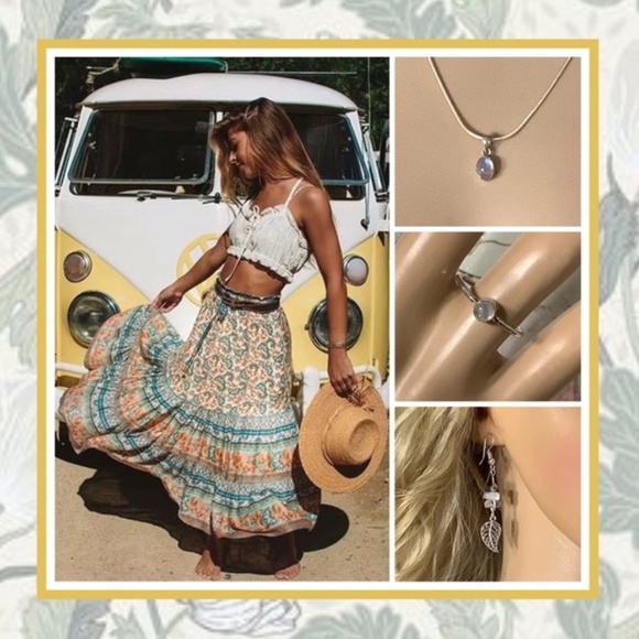 🌸 3PC PENDANT GEMSTONE NECKLACE LEAF EARRINGS RING MOONSTONE BUNDLE SET SILVER - Picture 2 of 12